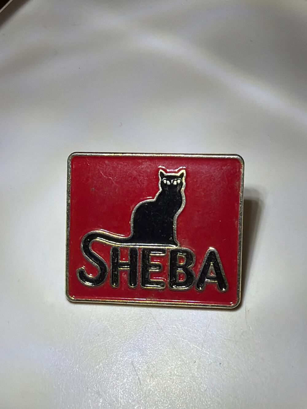 Vintage SHEBA Cat Food Advertising Enamel Lapel Pin Black Cat Red Promo Badge